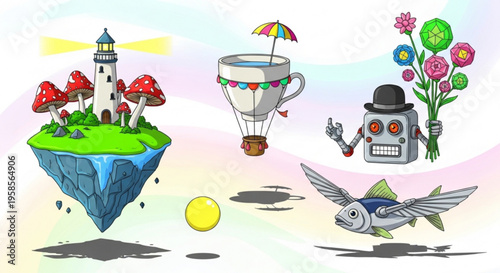 Whimsical floating island with lighthouse robot and surreal elements in a dreamy atmosphere