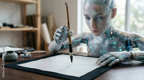 Humanoid Robot Artist Practicing Traditional Calligraphy with Brush and Ink