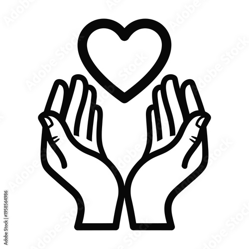 Hands cradling a heart symbol representing love care and compassion in a simple line art style on a white background