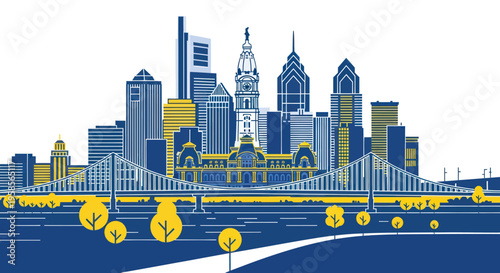 Philadelphia Skyline with Benjamin Franklin Bridge and Schuylkill River in Flat Design
