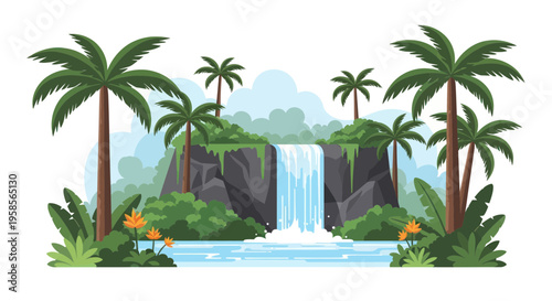 Lush Tropical Waterfall Paradise with Palm Trees and Exotic Flowers