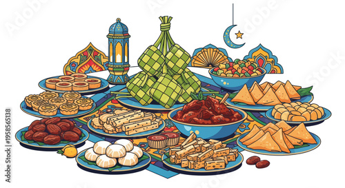 Ramadan Iftar Food Spread: Dates, Ketupat, Samosas, Sweets, and Lantern