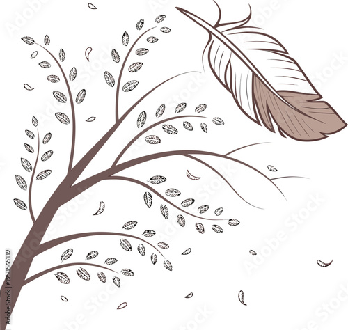 Vector illustration of tree with falling leaves and feather