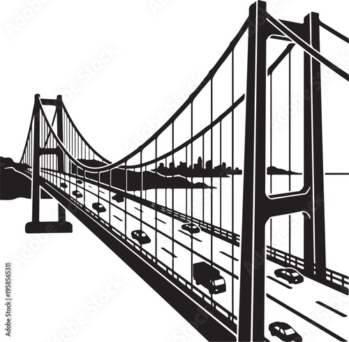 Black illustration of a busy suspension bridge with city skyline in the background at dusk
