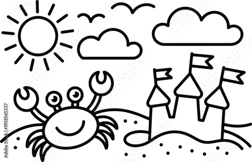 A charming outline illustration presents a happy crab on a sunny beach with a sandcastle and flags