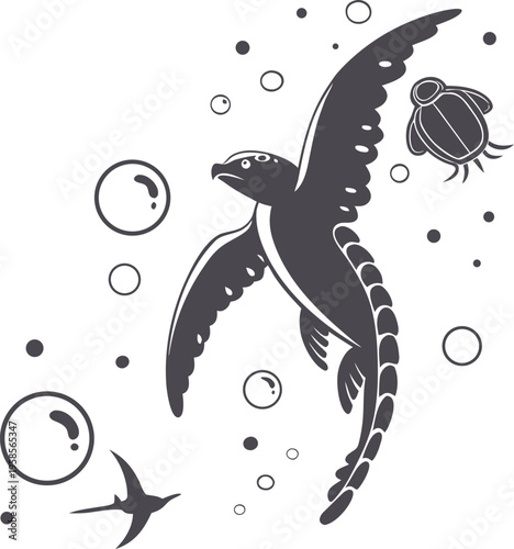 Vector illustration of flying fish and sea turtle with bubbles