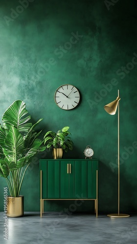 Contemporary green room with a stylish dark green cabinet, large potted plants, and minimalist gold lamp