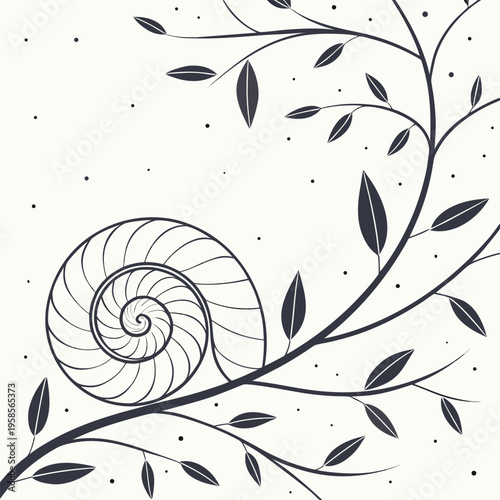Vector illustration of a spiral nautilus shell with leaves and branches