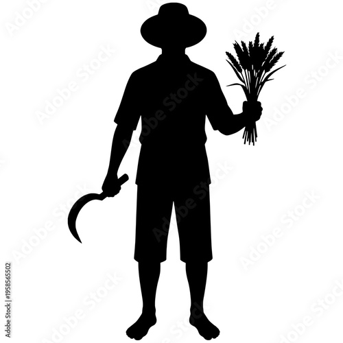 Silhouette of a farmer harvesting rice