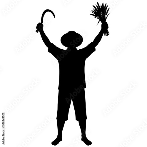 Silhouette of farmers harvesting rice