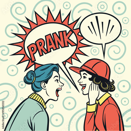 Comic style prank explosion with halftone dots, bold colors, vector illustration