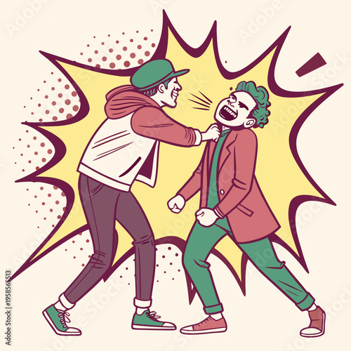 Comic style prank explosion with halftone dots, bold colors, vector illustration