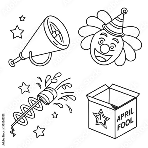 Set of April Fool’s icons (clown, prank box, confetti), simple line vector