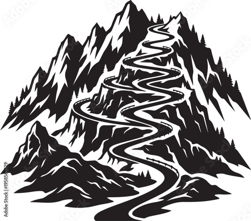 Black silhouette of a winding road leading to a mountain range with sharp peaks.