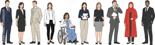 Diverse group of inclusive business professionals and healthcare workers including woman in wheelchair and person in hijab for corporate DEI and social equality vector illustration
