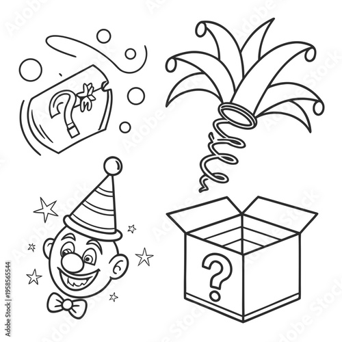 Set of April Fool’s icons (clown, prank box, confetti), simple line vector