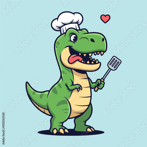 Smiling green dinosaur chef with spatula vector illustration