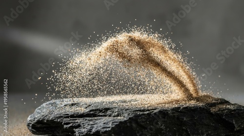 Golden brown sand actively descends scattering over a rough dark slate rock surface against a neutral background