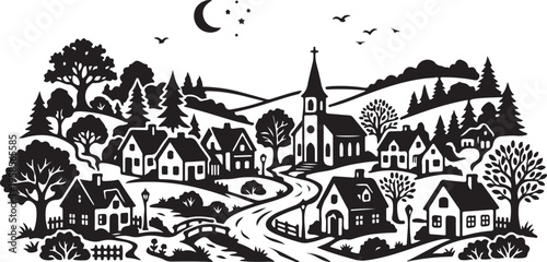 A serene black and white illustration of a quaint village under a crescent moonlit night
