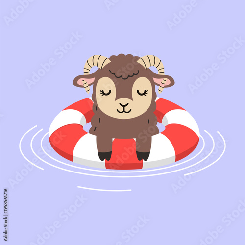 smiling goat on lifebuoy vector illustration