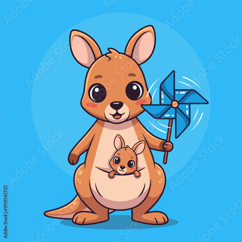 Kangaroo and joey with pinwheel vector illustration