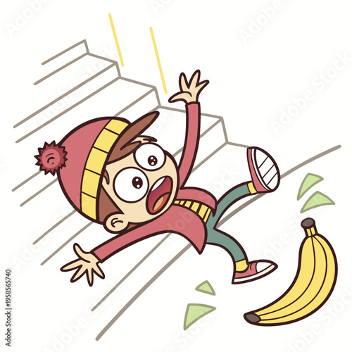 Cartoon character slipping on banana peel, humorous vector illustration