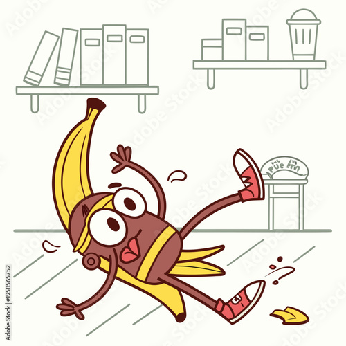 Cartoon character slipping on banana peel, humorous vector illustration
