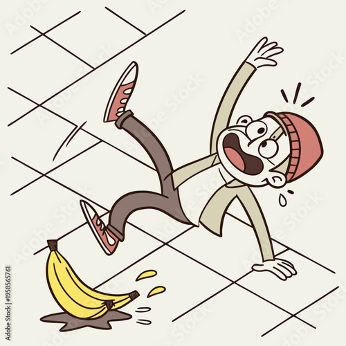 Cartoon character slipping on banana peel, humorous vector illustration