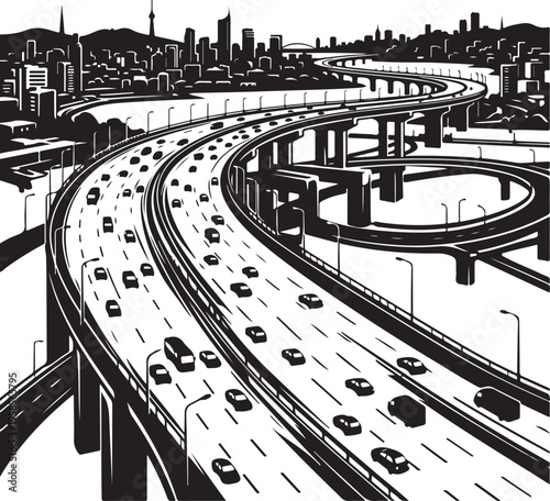 Black and white illustration of a busy highway interchange with cityscape in the background at daytime