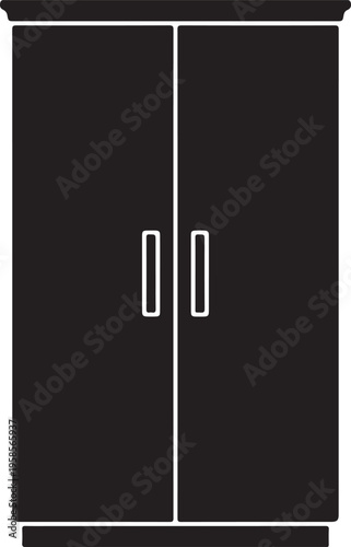 A sleek black wardrobe with two doors and silver handles on a plain white background, modern furniture design.