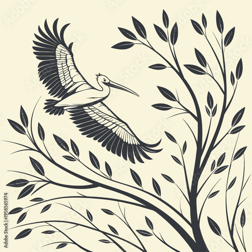Vector illustration of flying bird with tree branches and leaves