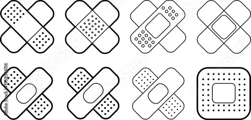 Medical bandage icons, clean and modern graphic design, minimalist line art, adhesive plasters, first aid treatment symbols, healthcare illustration