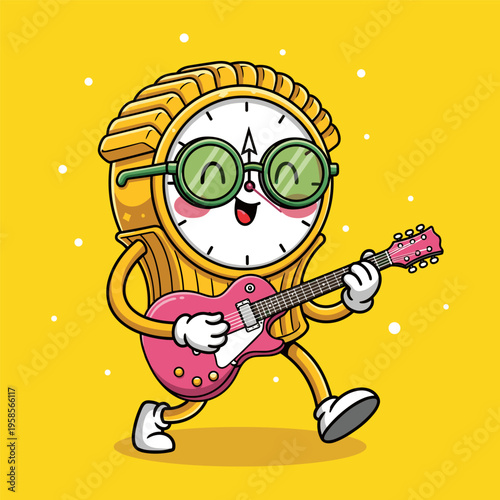 Cartoon clock character playing pink guitar vector illustration