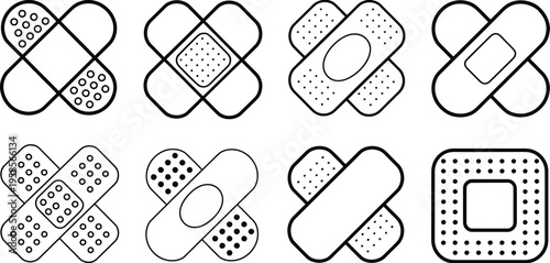 Medical bandage icons, clean and modern graphic design, minimalist line art, adhesive plasters, first aid treatment symbols, healthcare illustration