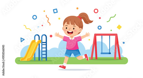 A cheerful young girl runs towards a playground with swings and a slide depicted in a flat illustration style silhouette