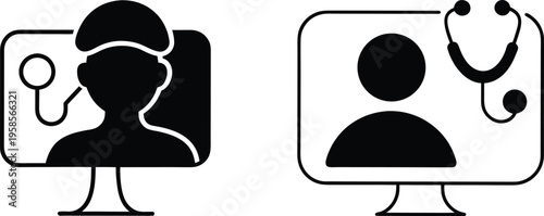 Online doctor consultation and telemedicine computer vector icons