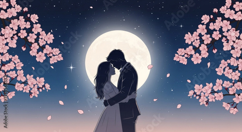 Romantic couple kissing under cherry blossoms and full moon at night
