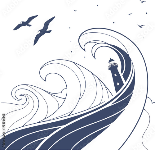 Vector illustration of lighthouse in a wave with seagulls