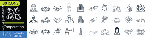 Collection of thirty icons emphasizing themes of cooperation and teamwork