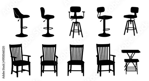Silhouette of various chair types on white background stool furniture black icon barstool armchair table wooden office dining lounge swivel adjustable backrest seating design interior