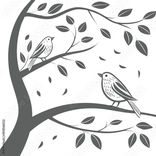 Vector illustration of two birds on tree branch with leaves