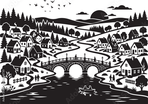 idyllic village landscape with bridge over river and houses