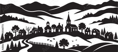 Black silhouette of a rural village landscape with church and rolling hills in winter