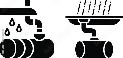 Rainwater harvesting and roof gutter drainage system vector icons