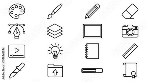 Set of 16 Outline Graphic Design and Creative Tools Icons Vector
