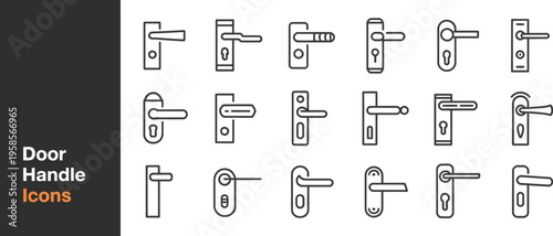 Door hardware and lock handle vector outline icons, door handles, key locks, security equipment