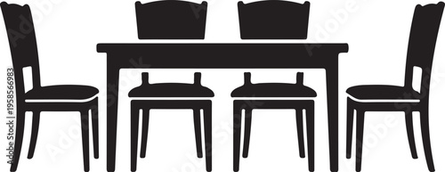 Black silhouette of a dining table with four chairs isolated on white background