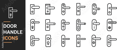 Door hardware and lock handle vector outline icons, door handles, key locks, security equipment