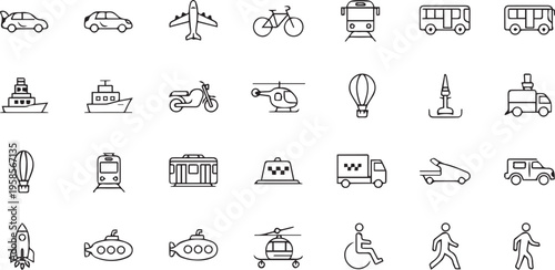 Transportation Line Icons Set  Vehicles Travel & Mobility Outline Vector Collection