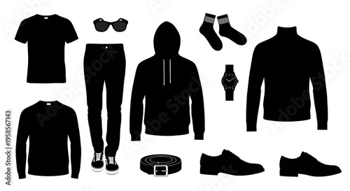 Collection of black clothing and accessories on white background fashion style apparel silhouette shirt pants skirt sunglasses socks shoes sneakers belt watch sweatshirt turtleneck long